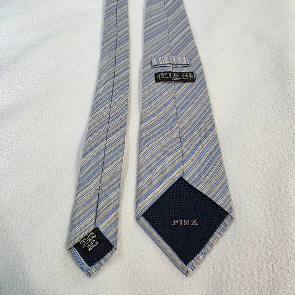 Thomas Pink Jermyn Street London Silk Tie Blue Gold Striped Made in Morocco